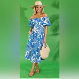 Olivaceous Blue and White Off-Shoulder Midi Dress